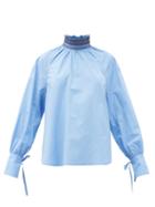 Matchesfashion.com Wales Bonner - Palms Smocked-neck Cotton-poplin Blouse - Womens - Blue