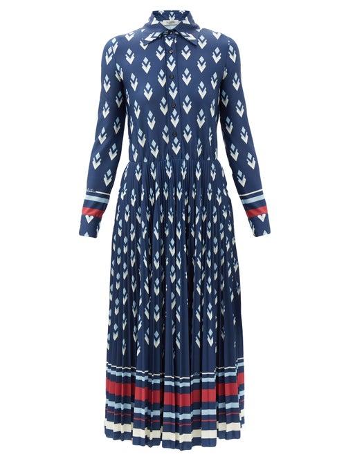 Matchesfashion.com Valentino - Geometric-print Jersey Shirt Dress - Womens - Navy
