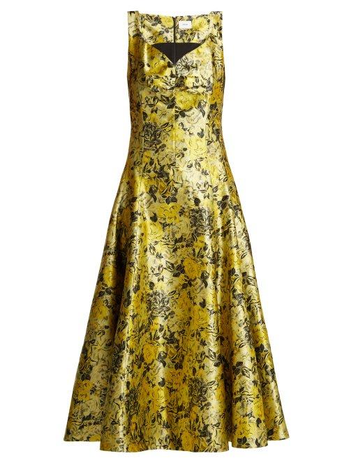 Matchesfashion.com Erdem - Verna Rose Jacquard Midi Dress - Womens - Yellow Multi