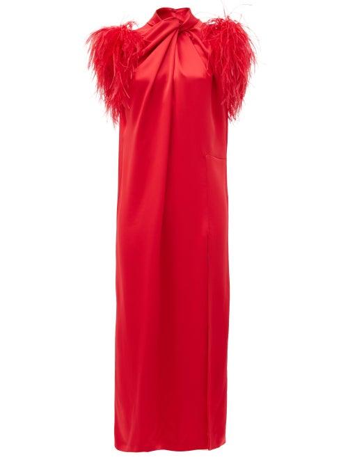 Matchesfashion.com 16arlington - Yoshina Feather-trimmed Satin Midi Dress - Womens - Red