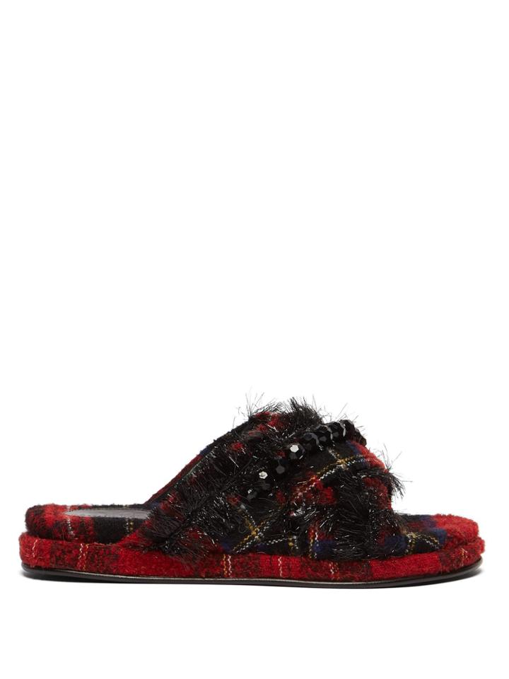 Simone Rocha Embellished Fringed Tartan Tweed Slides