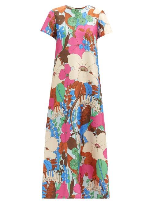 Matchesfashion.com La Doublej - Swing Big Flower-print Silk-twill Dress - Womens - Pink Multi
