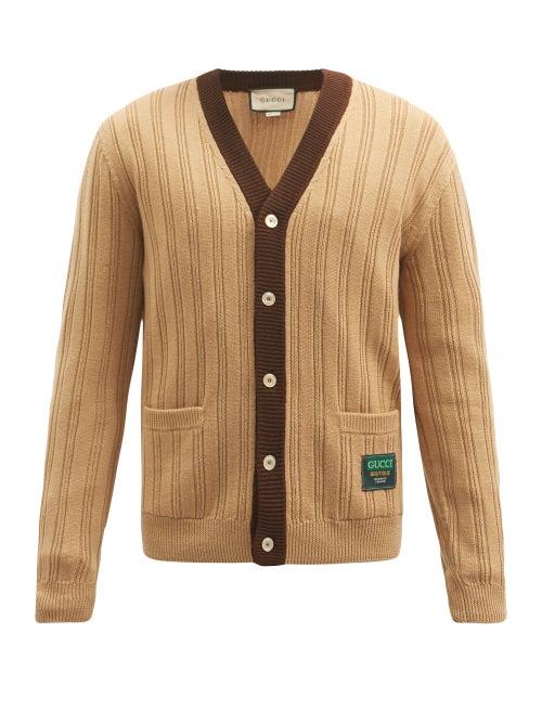 Matchesfashion.com Gucci - Logo-patch Ribbed Wool Cardigan - Mens - Beige