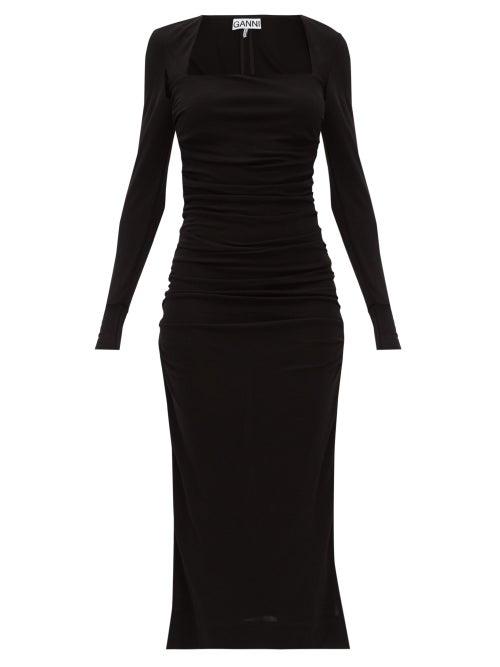 Matchesfashion.com Ganni - Ruched Square-neckline Jersey Dress - Womens - Black