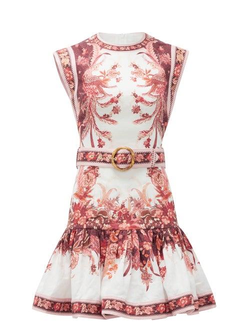 Matchesfashion.com Zimmermann - Wavelength Floral-print Belted Linen Dress - Womens - Pink Print