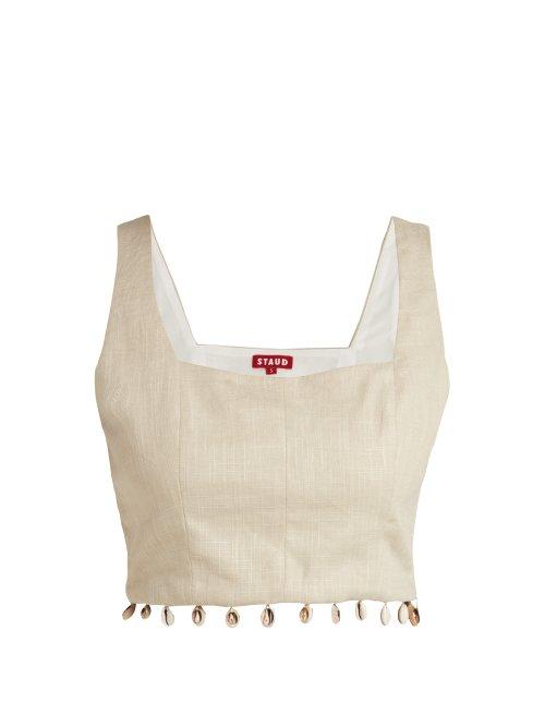 Matchesfashion.com Staud - Fromer Shell Trimmed Linen Blend Crop Top - Womens - Khaki