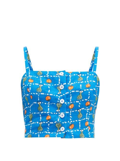 Matchesfashion.com Staud - Pear Vegetable Print Cropped Linen Top - Womens - Blue