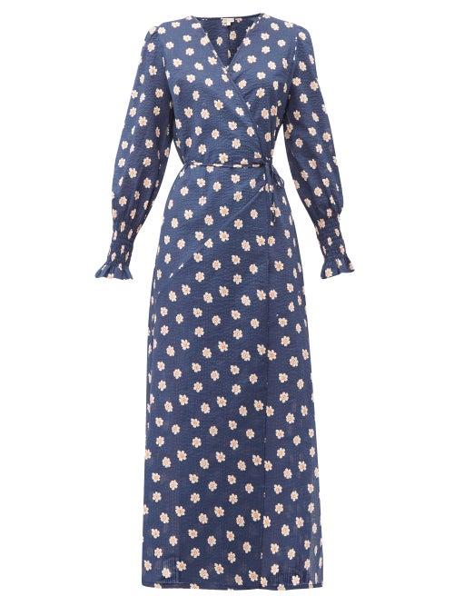 Matchesfashion.com Belize - Kaia Floral Print Cotton Seersucker Wrap Dress - Womens - Navy Print