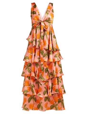 Matchesfashion.com Borgo De Nor - Flavia Tropical Print Hammered Silk Gown - Womens - Orange Multi