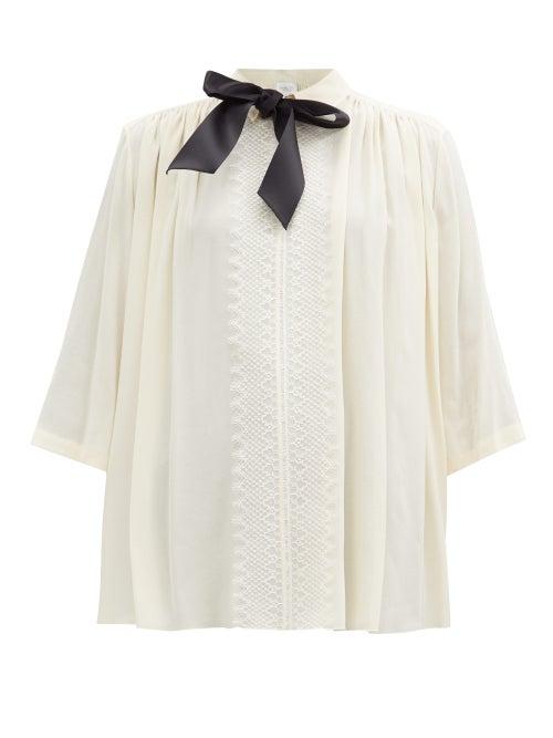 Matchesfashion.com Giambattista Valli - Pussybow Lace-trimmed Crepe Blouse - Womens - Ivory