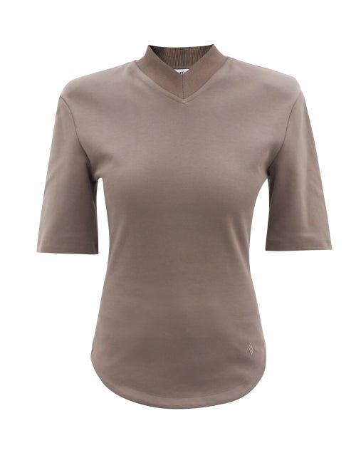 Ladies Rtw The Attico - Padded-shoulder Cotton-jersey T-shirt - Womens - Light Brown