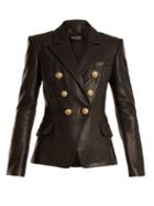 Matchesfashion.com Balmain - Double Breasted Peak Lapel Leather Blazer - Womens - Black