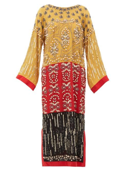 Matchesfashion.com Saloni - Maki-b Embellished Silk-georgette Kaftan Dress - Womens - Yellow Multi