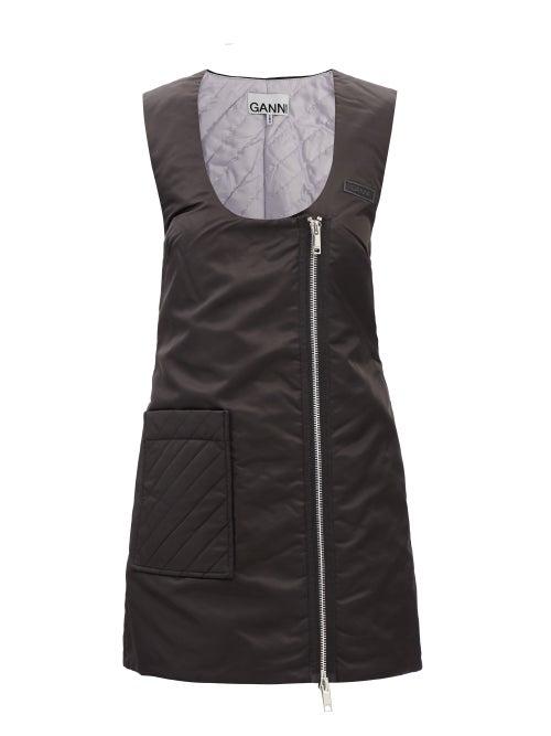 Ganni - Logo-patch Quilted Recycled-fibre Mini Dress - Womens - Black