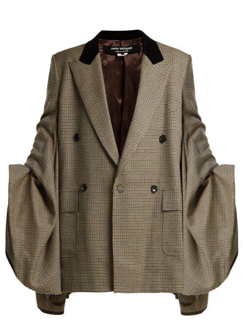 Matchesfashion.com Junya Watanabe - Houndstooth Check Ruched Sleeve Wool Blazer - Womens - Beige Multi