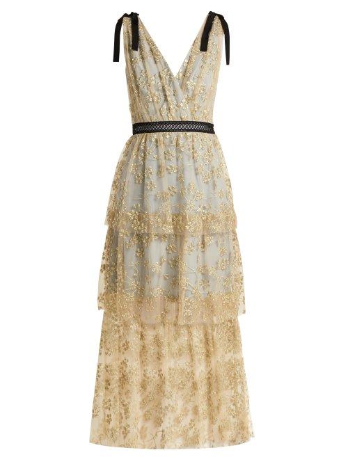 Matchesfashion.com Self-portrait - Floral Embroidered Tulle Midi Dress - Womens - Light Blue