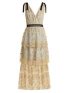 Matchesfashion.com Self-portrait - Floral Embroidered Tulle Midi Dress - Womens - Light Blue