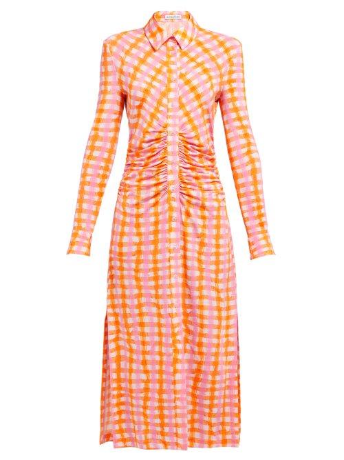 Matchesfashion.com Altuzarra - Claudia Ruched Gingham Jersey Midi Dress - Womens - Orange Multi