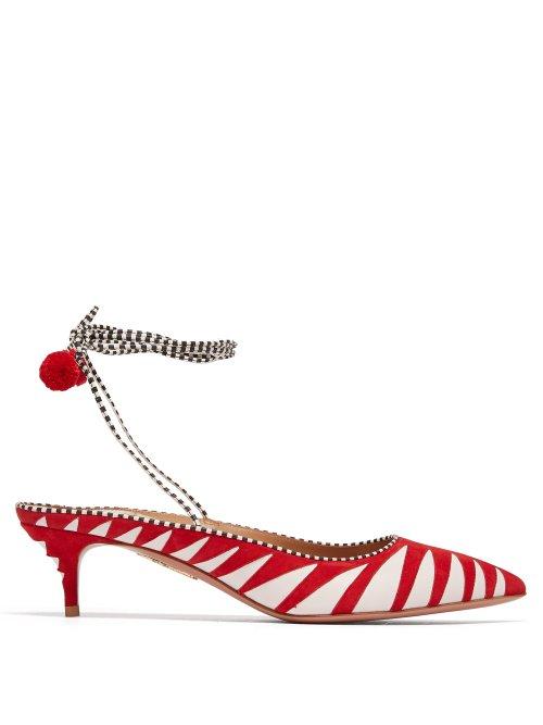 Matchesfashion.com Aquazzura - Cuzco 45 Patterned Suede Kitten Heel Mules - Womens - Red White