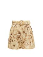 Matchesfashion.com Zimmermann - Super Eight Belted Leaf-print Linen Shorts - Womens - Yellow Print