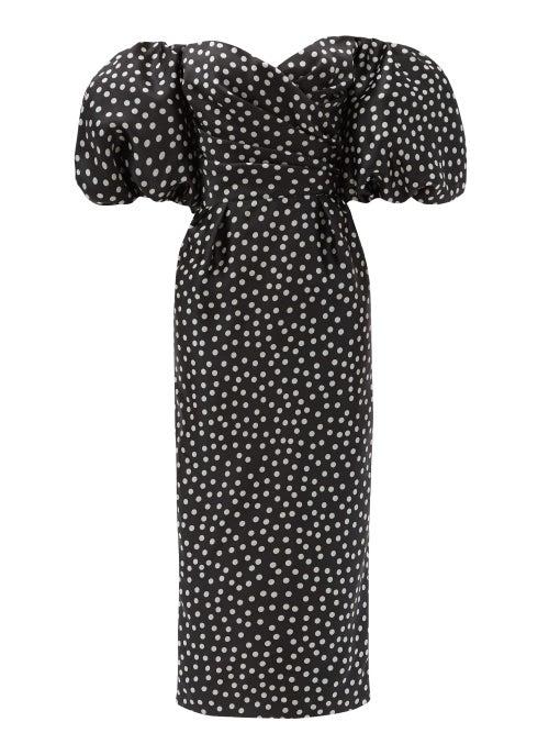 Matchesfashion.com Rasario - Off-the-shoulder Polka-dot Silk Midi Dress - Womens - Black White