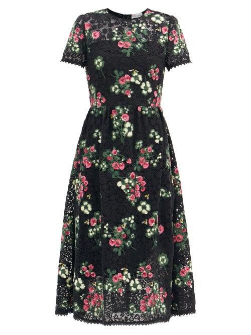 Matchesfashion.com Redvalentino - Floral-embroidered Macram Midi Dress - Womens - Black Multi