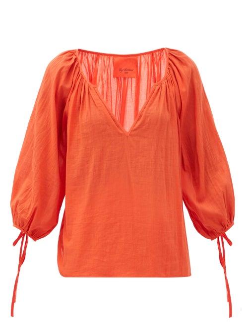 Matchesfashion.com Loup Charmant - Capucine V-neck Organic-cotton Blouse - Womens - Red