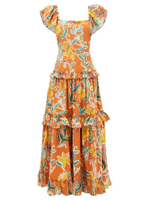 La Doublej - Scarlett Flounced Floral Cotton-poplin Maxi Dress - Womens - Orange Print