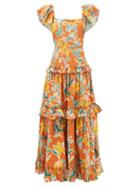 La Doublej - Scarlett Flounced Floral Cotton-poplin Maxi Dress - Womens - Orange Print