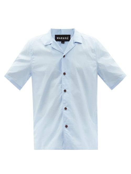 Maran - Huella Cuban-collar Cotton-blend Poplin Shirt - Mens - Light Blue