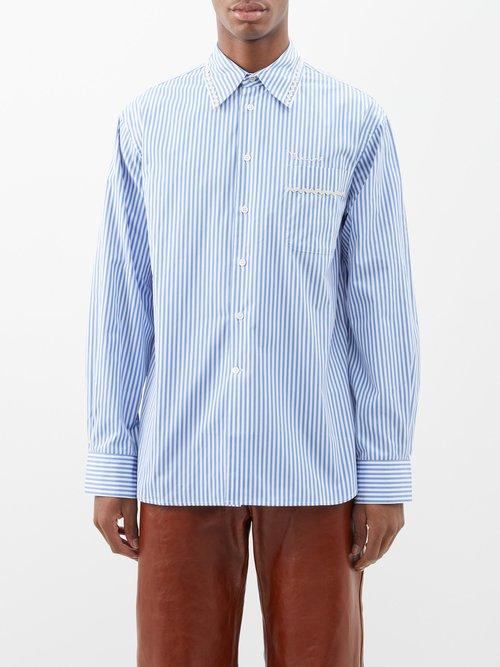 Marni - Ric Rac-trim Striped Cotton-poplin Shirt - Mens - Light Blue