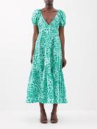 La Ligne - Plunge-neck Animal-print Cotton Midi Dress - Womens - Green
