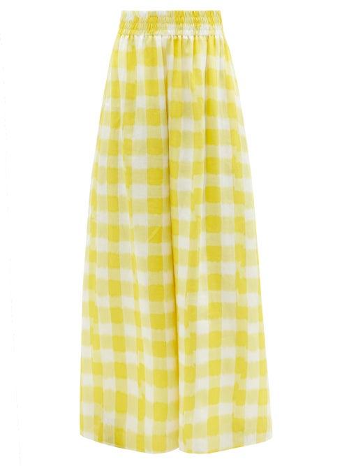 Ladies Rtw Marta Ferri - Gingham Linen Wide-leg Trousers - Womens - Yellow White