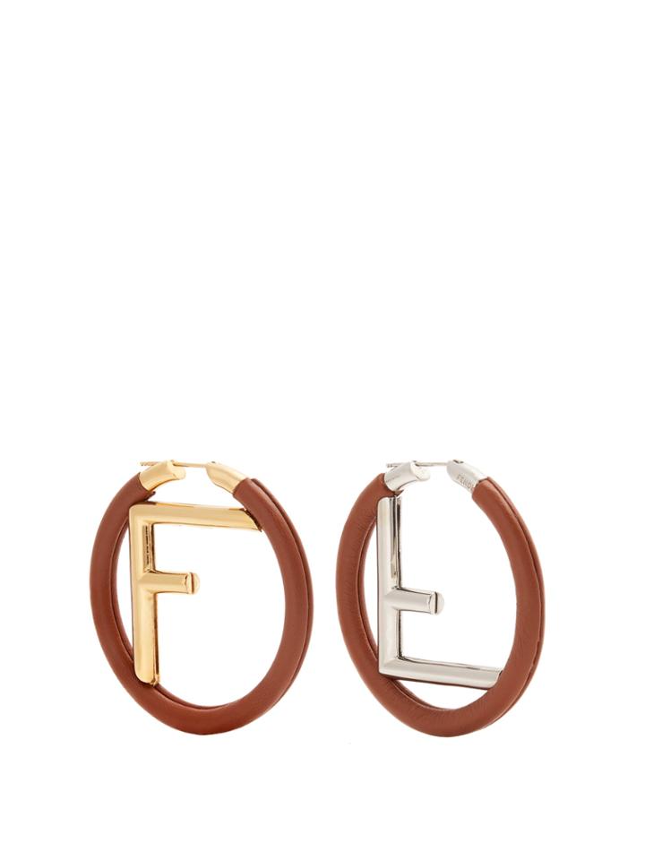 Fendi Logo Leather Hoop Earrings