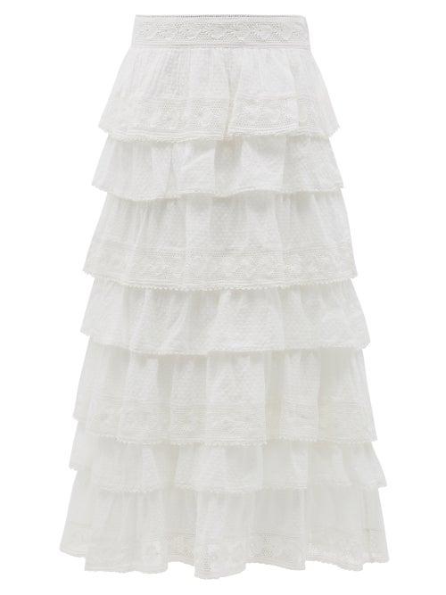 Matchesfashion.com Loveshackfancy - Borneo Tiered Cotton Midi Skirt - Womens - White