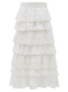 Matchesfashion.com Loveshackfancy - Borneo Tiered Cotton Midi Skirt - Womens - White