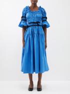 Molly Goddard - Mikha Velvet-trim Shirred Taffeta Midi Dress - Womens - Electric Blue