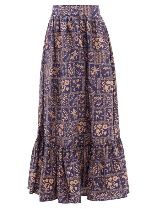 Agua By Agua Bendita - Floral-print Linen Maxi Skirt - Womens - Navy Print
