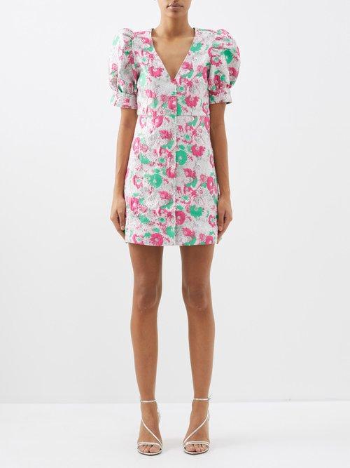Ganni - Puff-sleeve Floral-jacquard Mini Dress - Womens - Pink Green