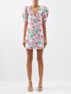 Ganni - Puff-sleeve Floral-jacquard Mini Dress - Womens - Pink Green