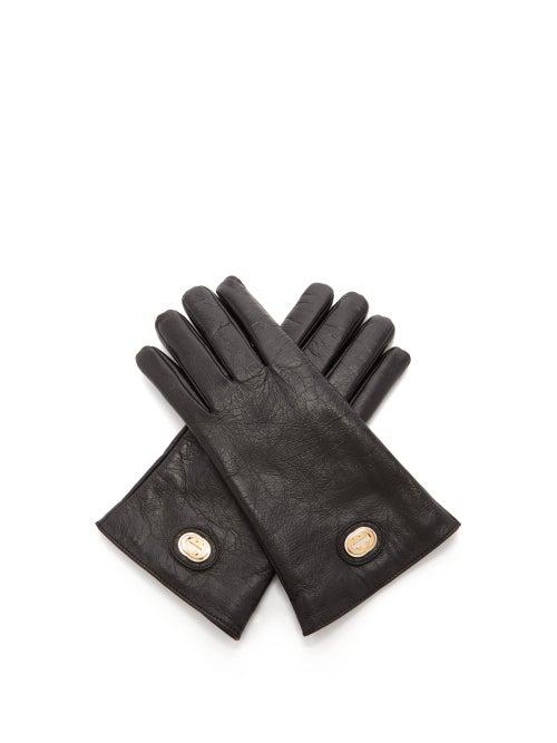 Matchesfashion.com Gucci - Gg Plaque Craquel-leather Gloves - Mens - Black