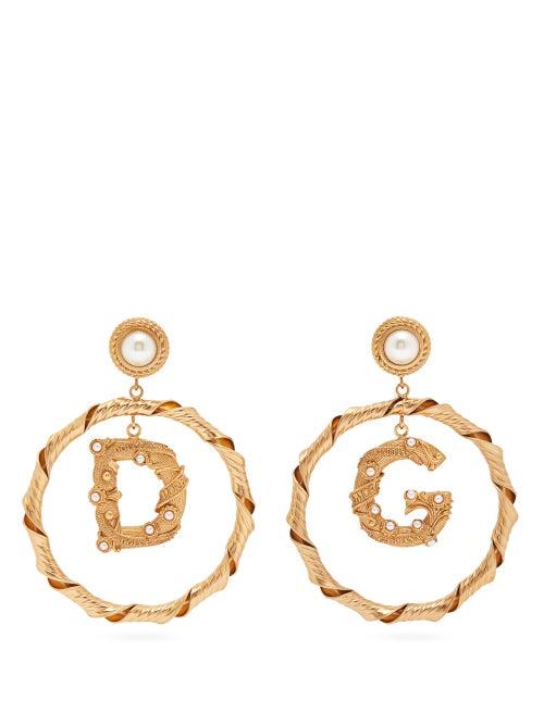 Matchesfashion.com Dolce & Gabbana - Faux Pearl D & G Hoop Drop Earrings - Womens - Gold