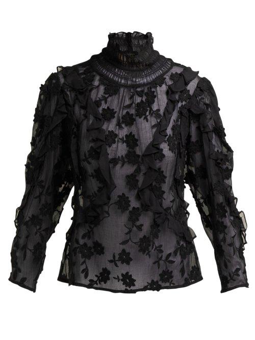 Matchesfashion.com Rebecca Taylor - Ruffled Floral Appliqu Blouse - Womens - Black