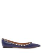 Matchesfashion.com Valentino - Rockstud Grained Leather Ballet Flats - Womens - Navy