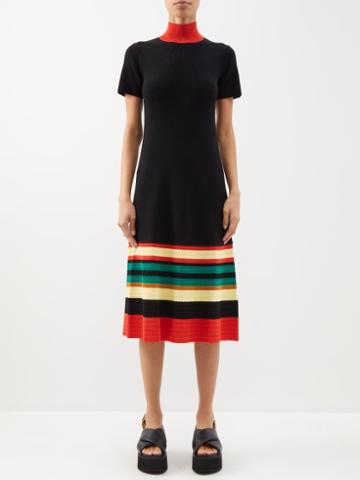 Wales Bonner - Ska Striped Wool Midi Dress - Womens - Black