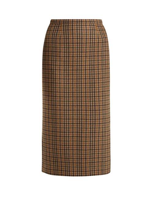 Matchesfashion.com Rochas - Checked Wool Blend Pencil Skirt - Womens - Brown Multi