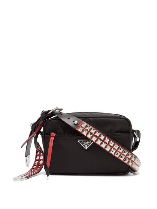 Matchesfashion.com Prada - New Vela Studded Nylon Shoulder Bag - Womens - Black Red