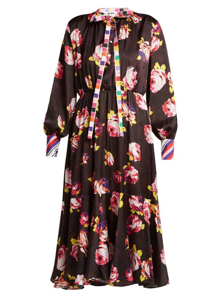 Msgm Rose-print Satin Midi Dress