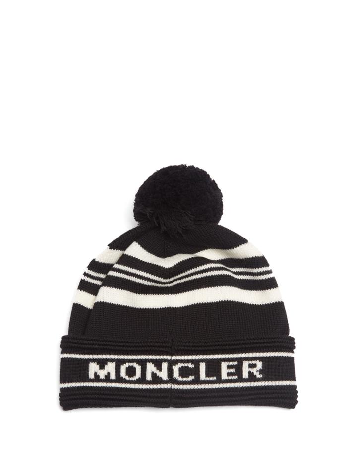 Moncler Striped Wool Pompom Beanie Hat