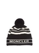 Moncler Striped Wool Pompom Beanie Hat